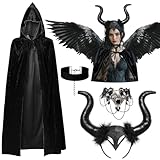 iZoeL Malefiecent Kostüm Teufel kostüm Damen, Teufel Umhang Teufelshörner Haarreif Gothic Spitze Halskette Halloween kostüm Accessorie, Damen Mädchen Kostüm Halloween Karneval Fasching Mottoparty